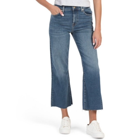 7 For All Mankind Cropped Alexa Blue High Rise Cut Hem Trouser Wide Leg Jeans - Picture 3 of 15